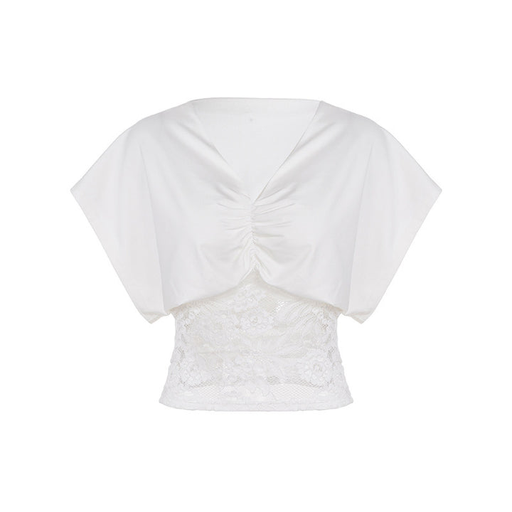 Dame elegant top med blonde og rynkning Skovae