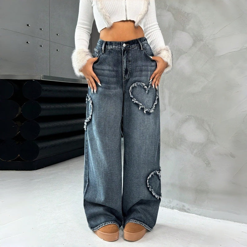Dame Loose Jeans med hjertebroderi og afslappet snit Skovae