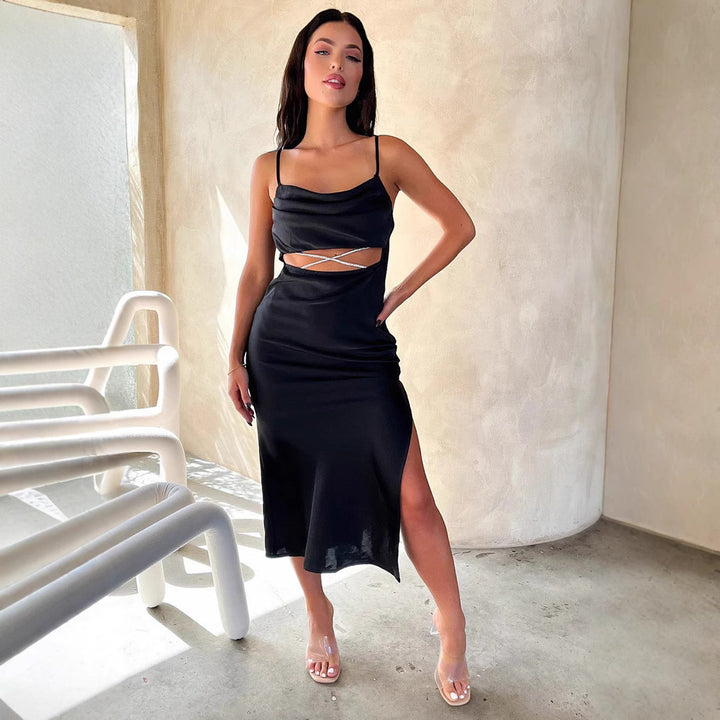 Dame Elegant Satin-Maxi-Kjole med split-design og justerbare spaghetti-stropper Skovae