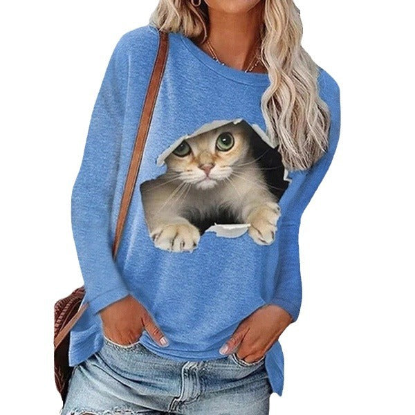 Dame afslappet sweatshirt med unikt kattemotiv og vid udskæring Stilla