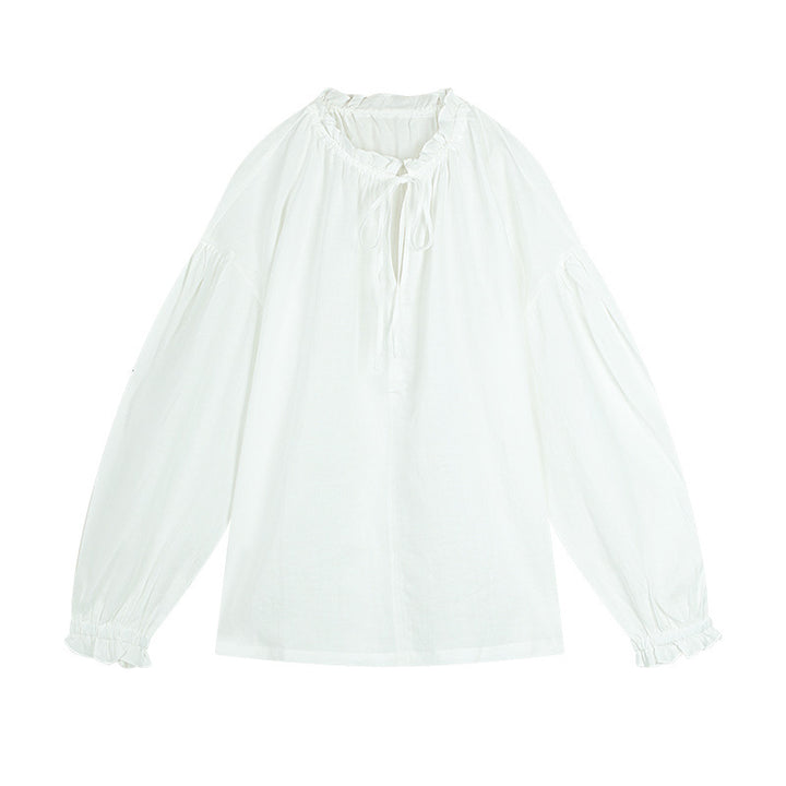 Dame afslappet bluse shirt med detaljeret snøre og puffærmer Stilla