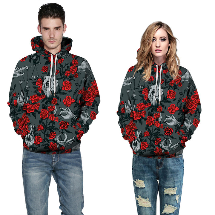 Dame hættetrøje med unikt rosemotiv og kontrastfarvede prints Stilla