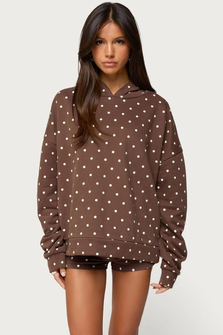 Dame nan prikket komfort-sæt med hættesweatshirt, kængurulomme og shorts Skovae