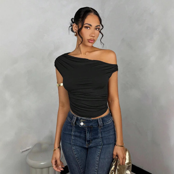 Dame Asymmetrisk Crop-Top med elegant bølgedesign og raffineret snit Skovae