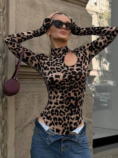 Dame Langærmet Bodysuit med asymmetrisk Udsnit og Leopardmønster Stilla