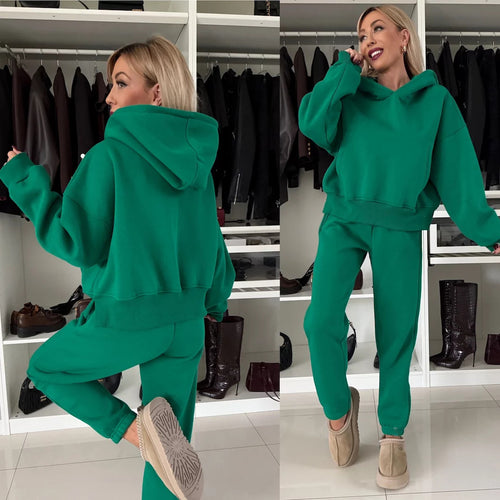 Damer Afslappet Fit Fleece Lounge Sæt med Hætte og Elastisk Livrem Skovae