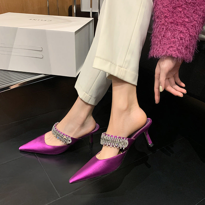 Dame Spids Tå Slingback Hæle med funklende Rhinsten Accenter Stilla