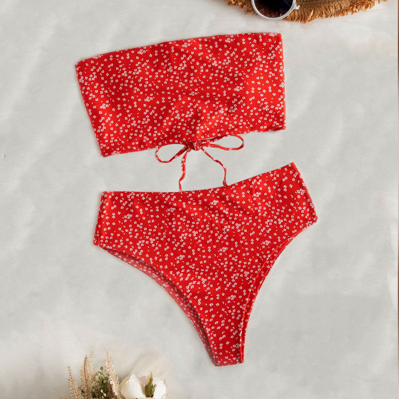 Dame bikini-sæt med bandeau-top og høj talje-bikini-bund Skovae