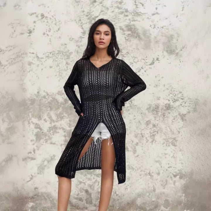 Damer lang sweater med sofistikeret netdesign Stilla