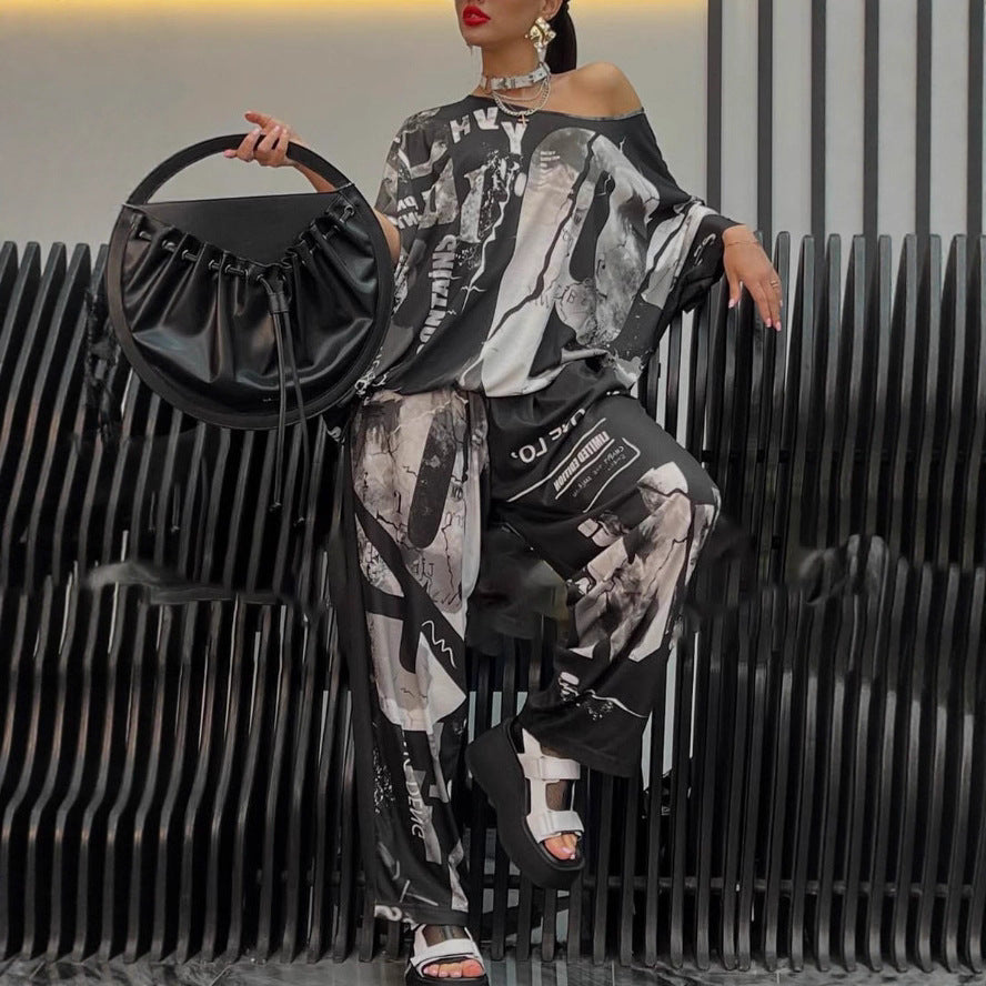 Dame nan to-delt løs satin fritids-sæt med off-shoulder flagermus-top og palazzo-bukser Skovae
