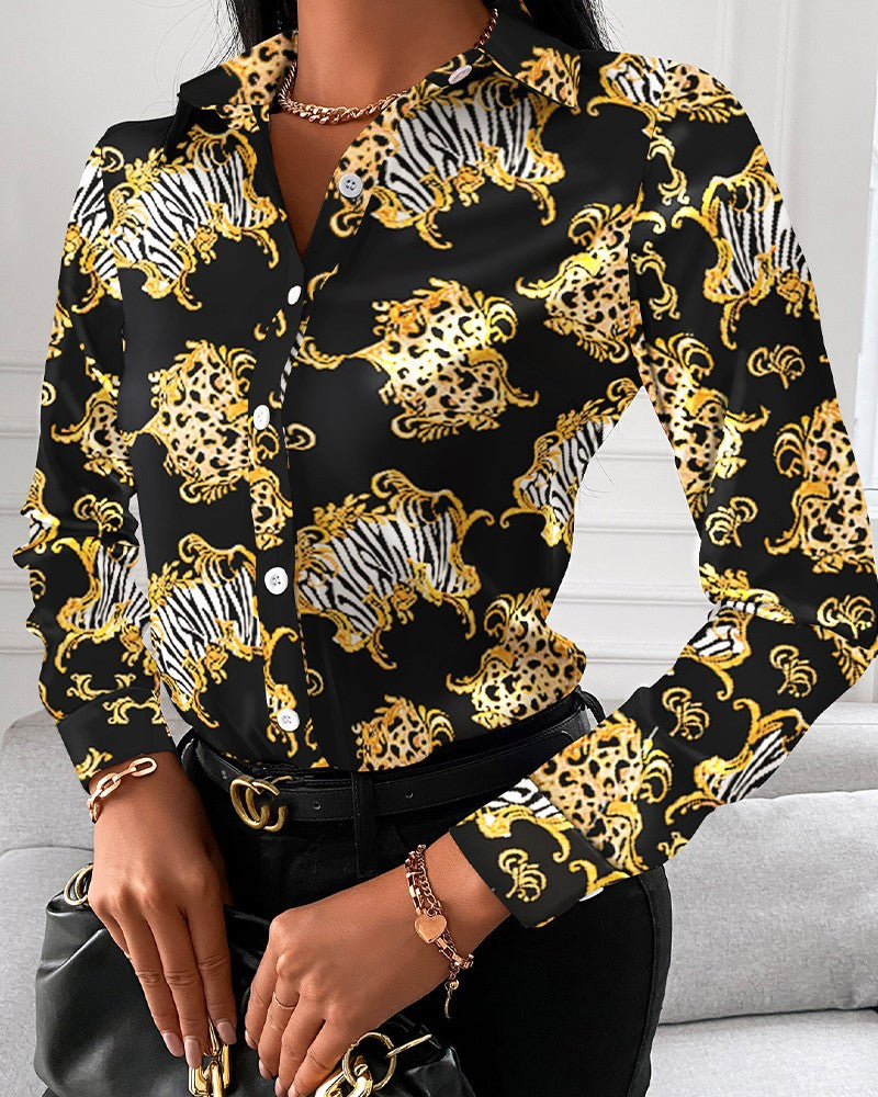 Dame Elegant Bluse med kunstnerisk tryk og fine detaljer Stilla