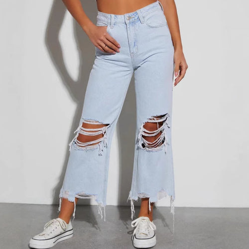 Dame Mom Jeans med frynset kant og ribbet detaljer Stilla