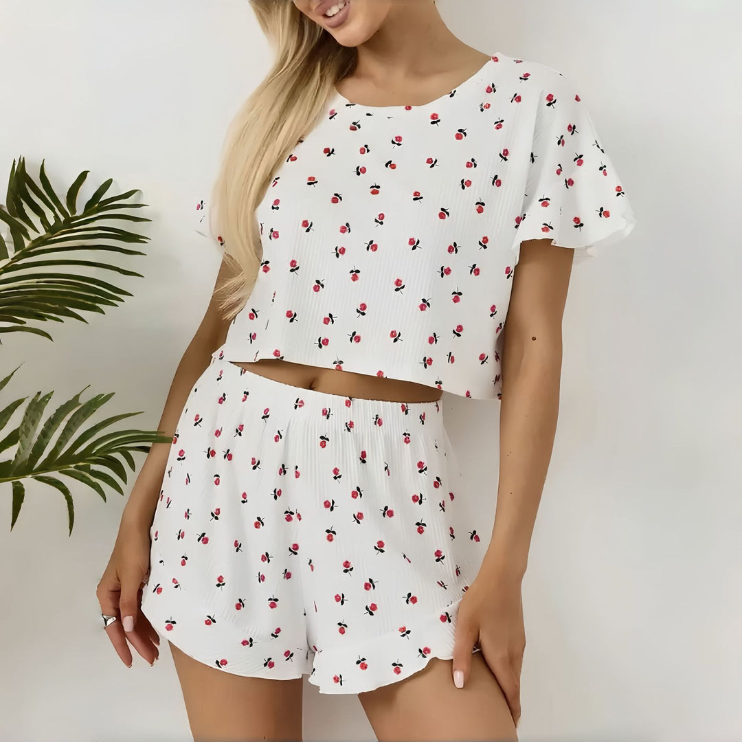 Dame let pyjamasæt med legende blomsterdesign og flæser Stilla