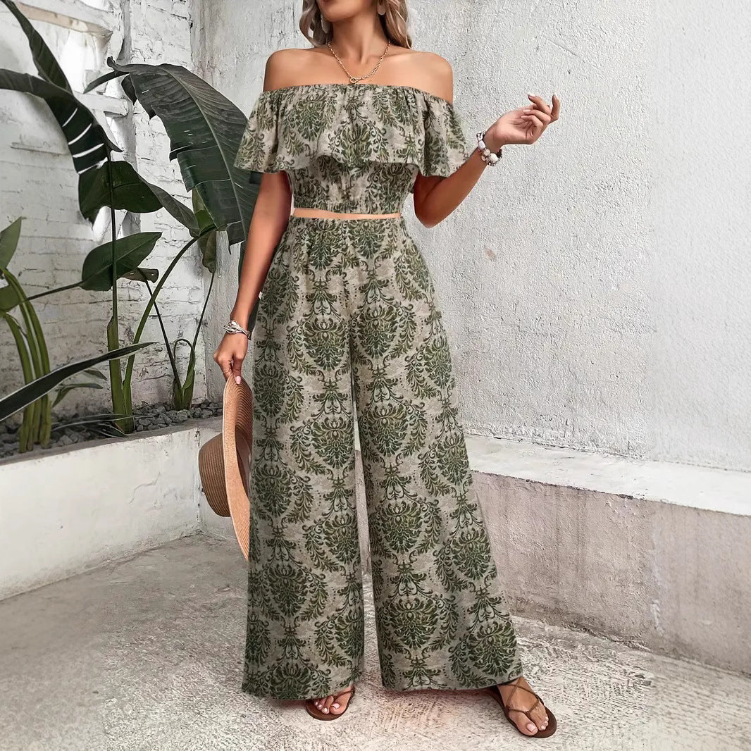 Dame To-delt Sommer-outfit med off-shoulder top og bred buksebund Stilla
