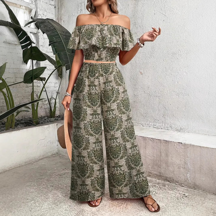 Dame To-delt Sommer-outfit med off-shoulder top og bred buksebund Stilla