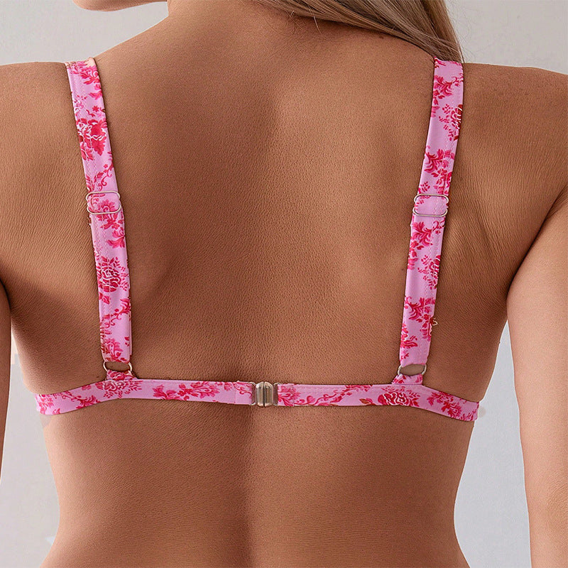 Dame Triangel-Bikini-Sæt med blomsterprint og justerbare stropper Skovae