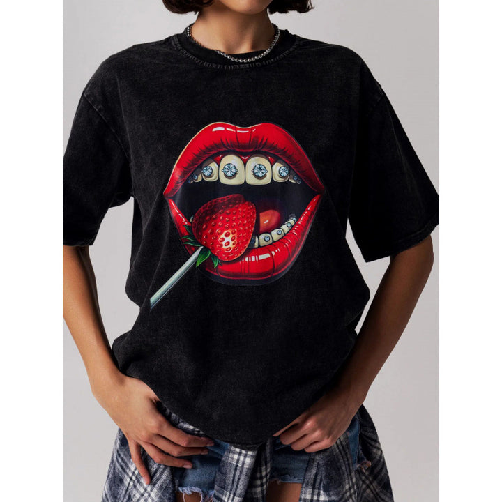 Dame T-shirt med kreativ læbe motiv og afslappet oversized pasform Stilla