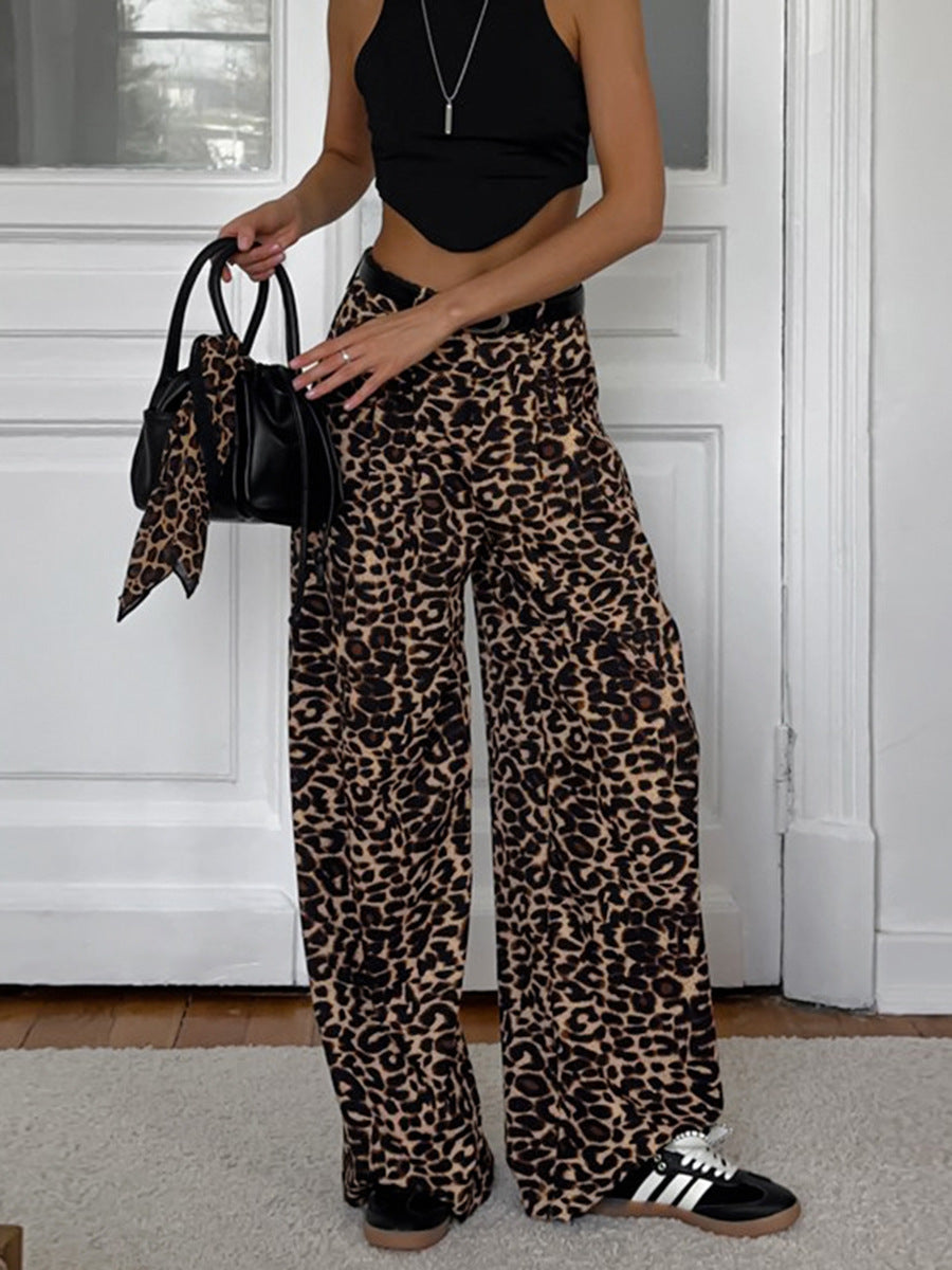 Dame Bred Leopard-Bukser i trendy Casual-look med elastisk kant Stilla