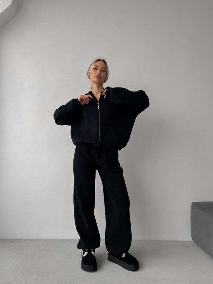 Kvinder casual sweatshirt og joggingbukser sæt med hætte og praktisk lynlås Skovae