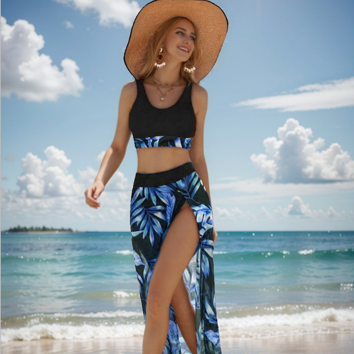 Dame bikini-sæt med elegant crop-top og blomster maxiskørt Skovae