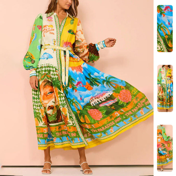 Kvinders lang kaftan kjole med farverig print og elegante pufærmer Stilla