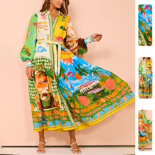 Kvinders lang kaftan kjole med farverig print og elegante pufærmer Stilla