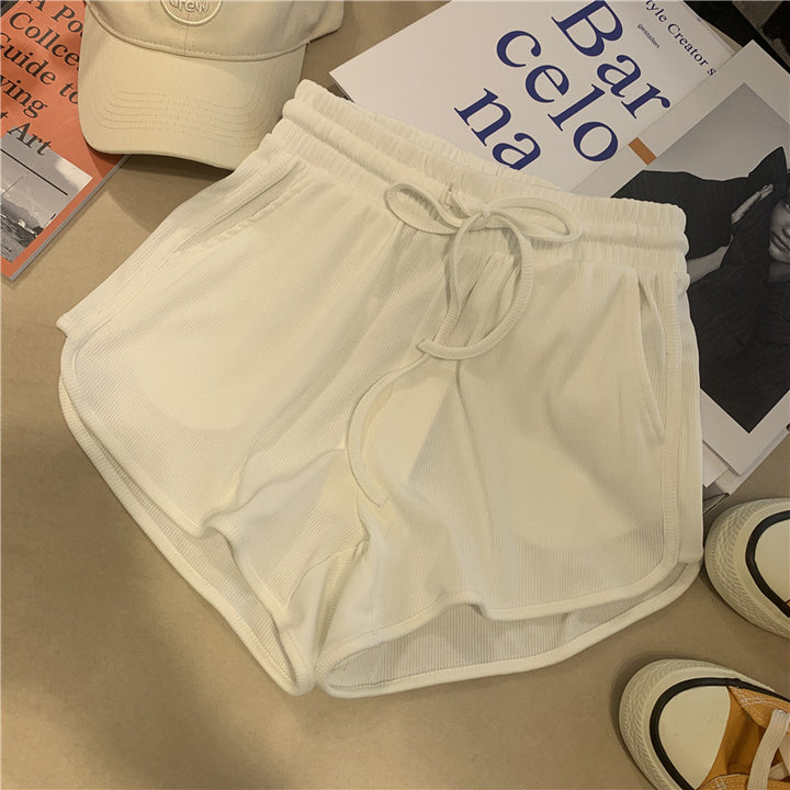 Dame Rib- Højtaljede Lounge-Shorts med Snøre Stilla