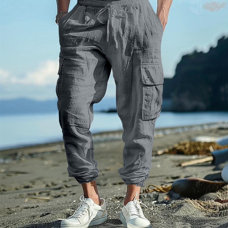 Herren nan afslappede linned cargo joggers med snoretræk, store klaplommer og elastisk ankelafslutning Skovae