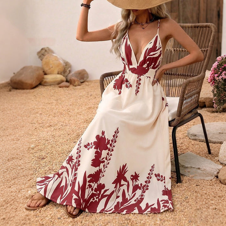 Damen Maxikleid mit tiefem V-Ausschnitt und floraler Applikation Skovae