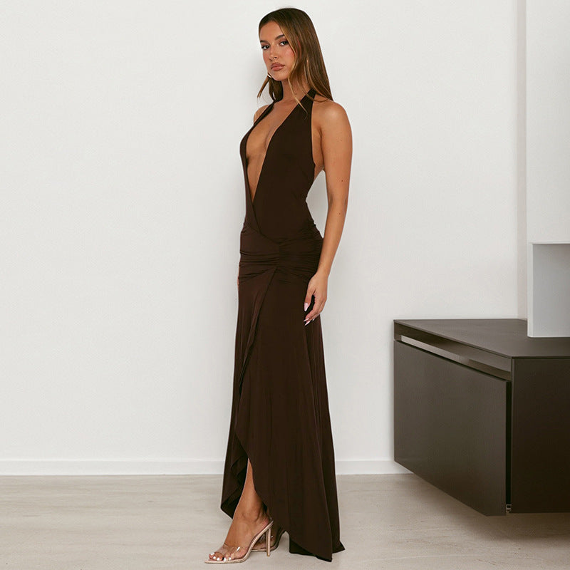 Femme Deep V-udskæring Rynkning Maxi Kjole Stilla