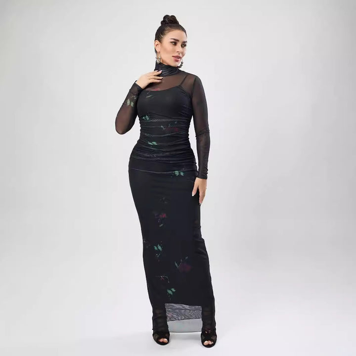 Dame Elegant Maxikjole med transparente ærmer og floraltryk Stilla