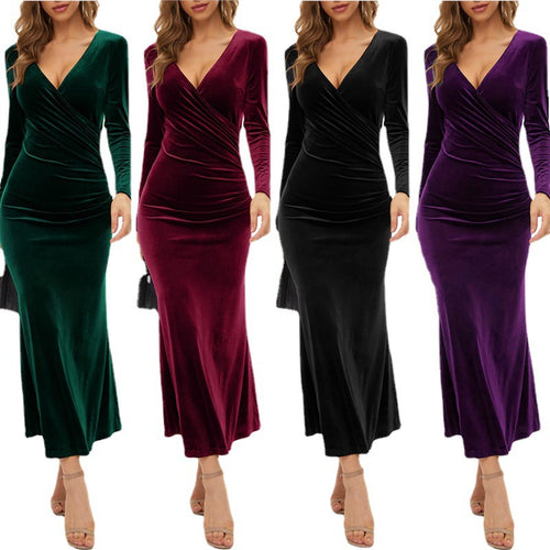 Dame Samt Langærmet Bodycon Maxi Kjole med Wickeldesign Stilla