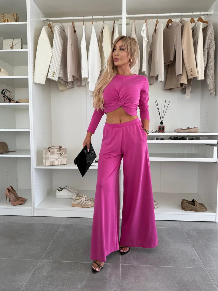 Kvinders elegante fritids sæt med crop top og bredskåret bukser