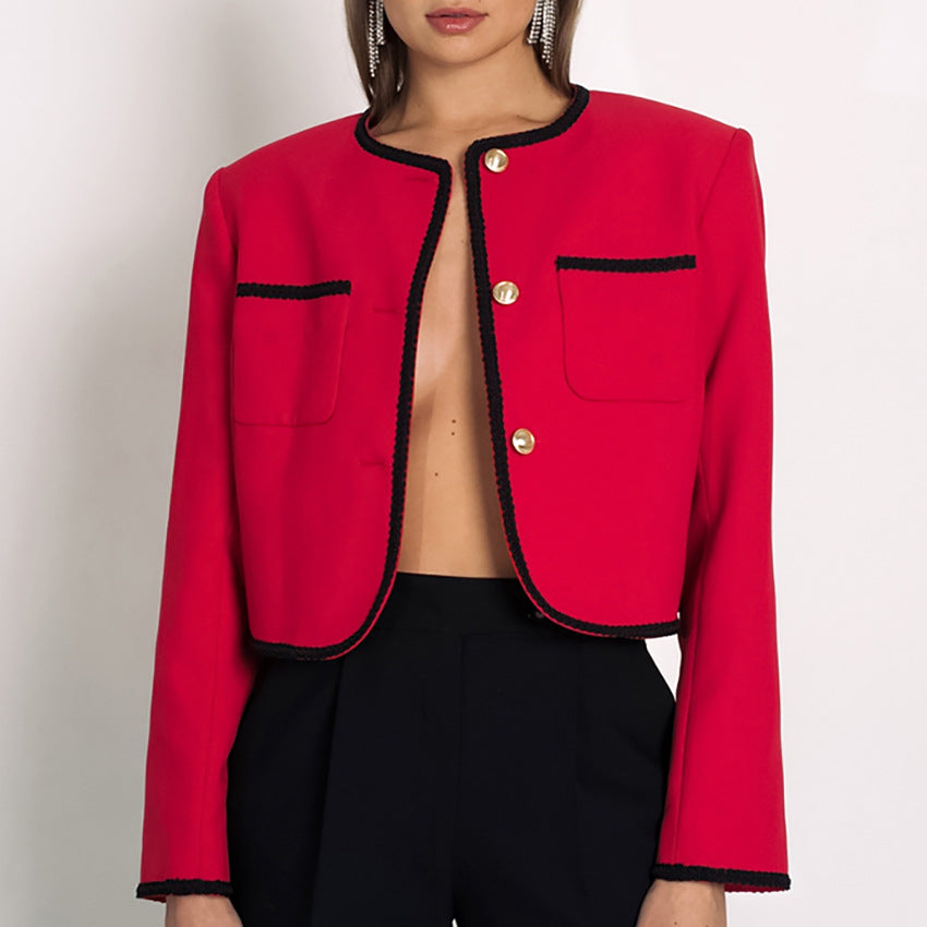 Dame Kort blazer med elegante perledetaljer og lommer Stilla