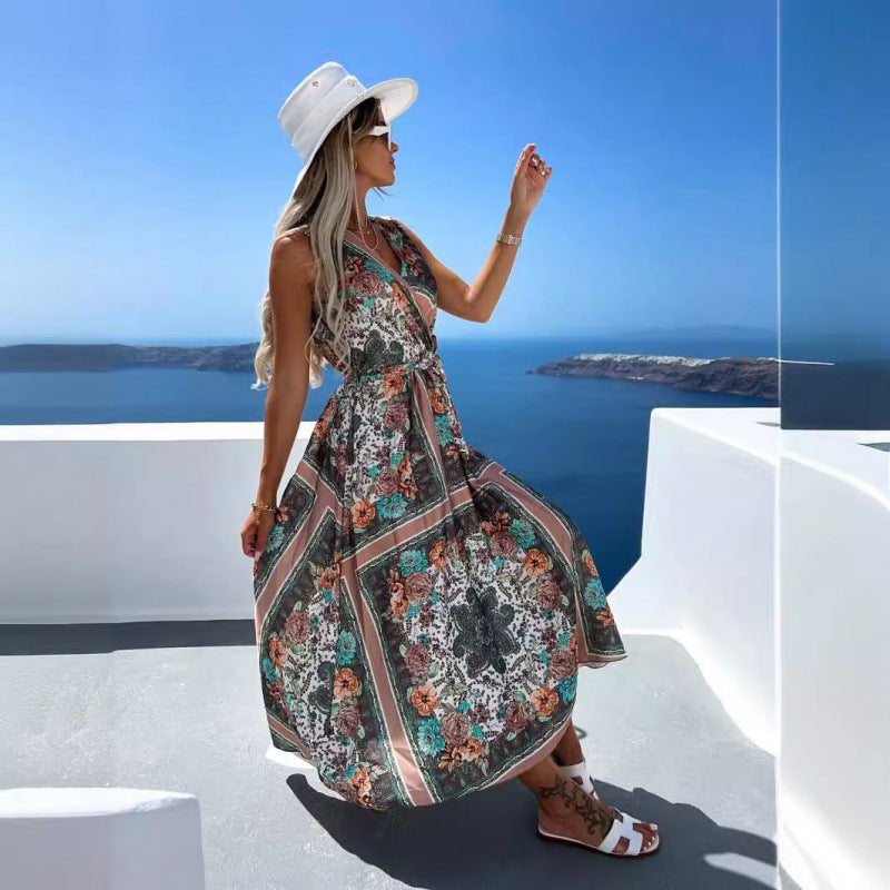Dame Floral Print Maxi Kjole med stilfuld Bindebælte Stilla
