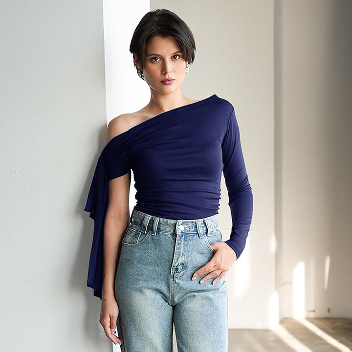 Femme Asymmetrisk Langærmet Rynkning Top Stilla