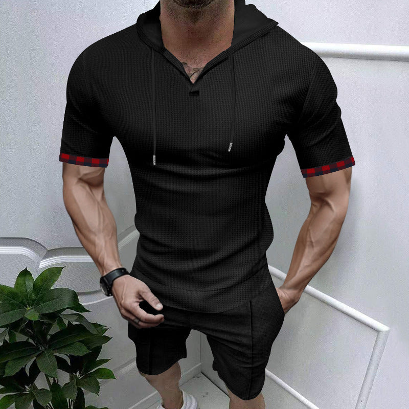 Herrer nano sommerligt hætte-lounge-sæt i let vaffelstruktur med kortærmet hoodie Henley-åbning og komfort-bukser Skovae