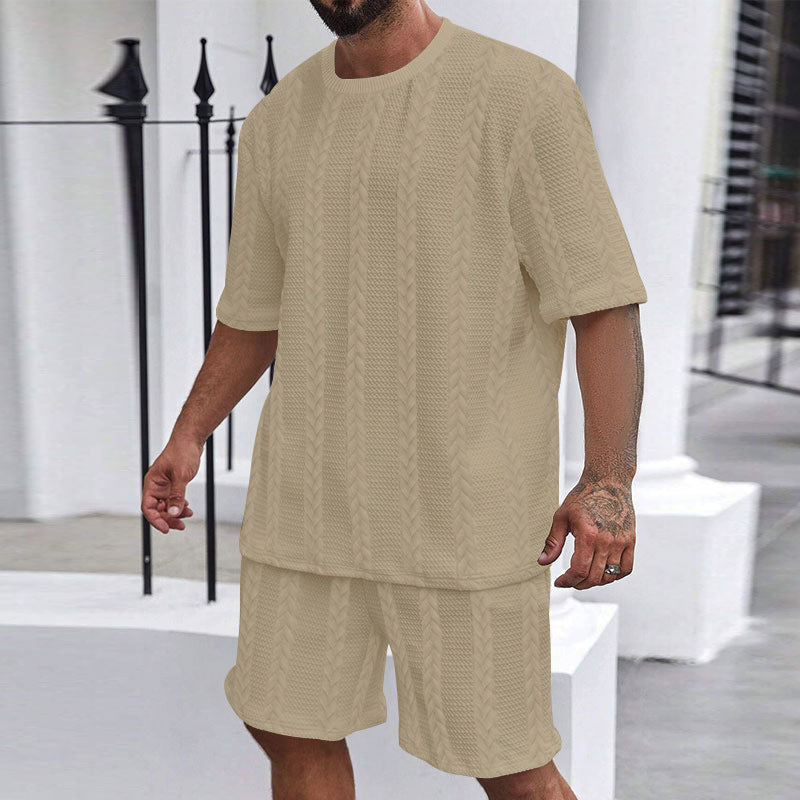 Herren nan afslappet fletningstrik fritids sæt med bred kortærmet t-shirt og elastiske Bermuda shorts