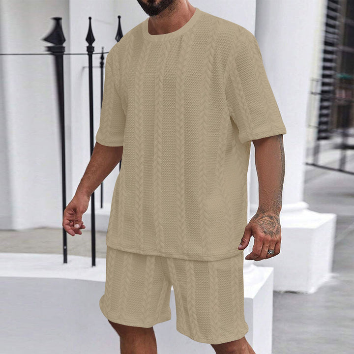 Herren nan afslappet fletningstrik fritids sæt med bred kortærmet t-shirt og elastiske Bermuda shorts