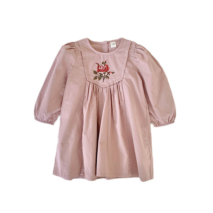 Pige Broderet Floral Bomulds Kjole Stilla