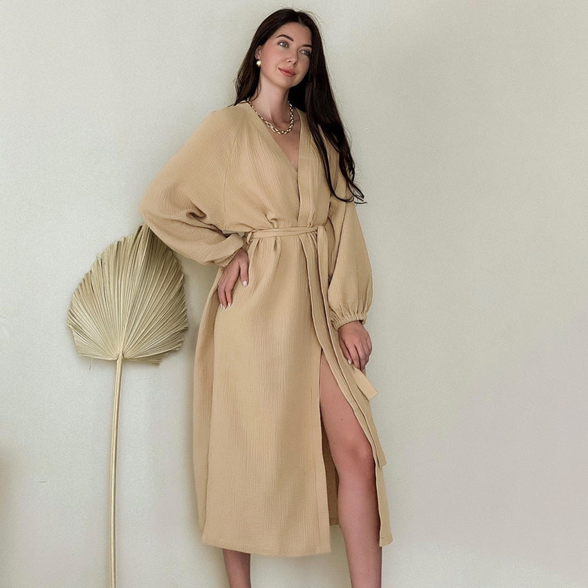 Dame elegant V-hals Kimono-morgenkåbe med taljebælte og vidt skårne ærmer Stilla