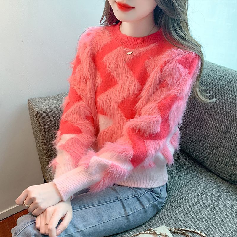 Kvinders fluffy sweater med geometrisk mønster og løst fit Stilla
