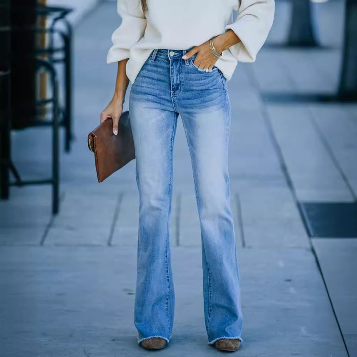 Kvindernes brede bootcut jeans med høj talje og frynset kant Stilla