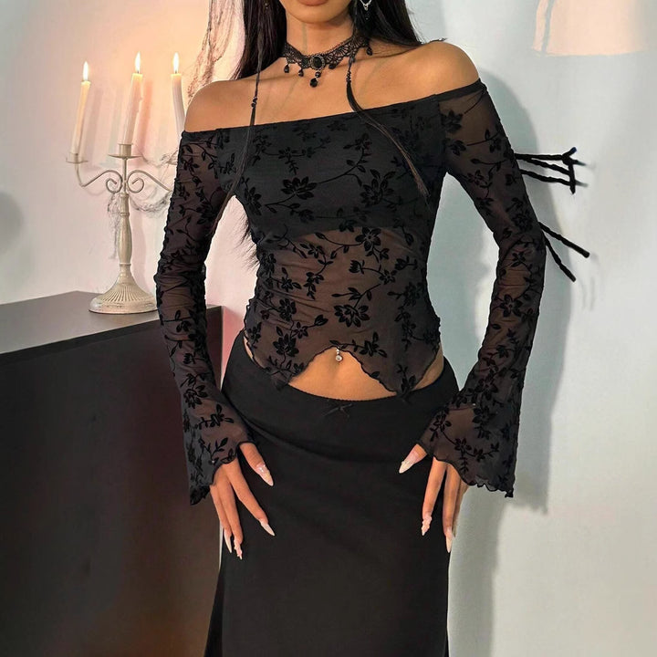 Dame nan transparent mesh-top med floral velour-applikation, Carmen-udskæring og kort talje-nederdel Skovae