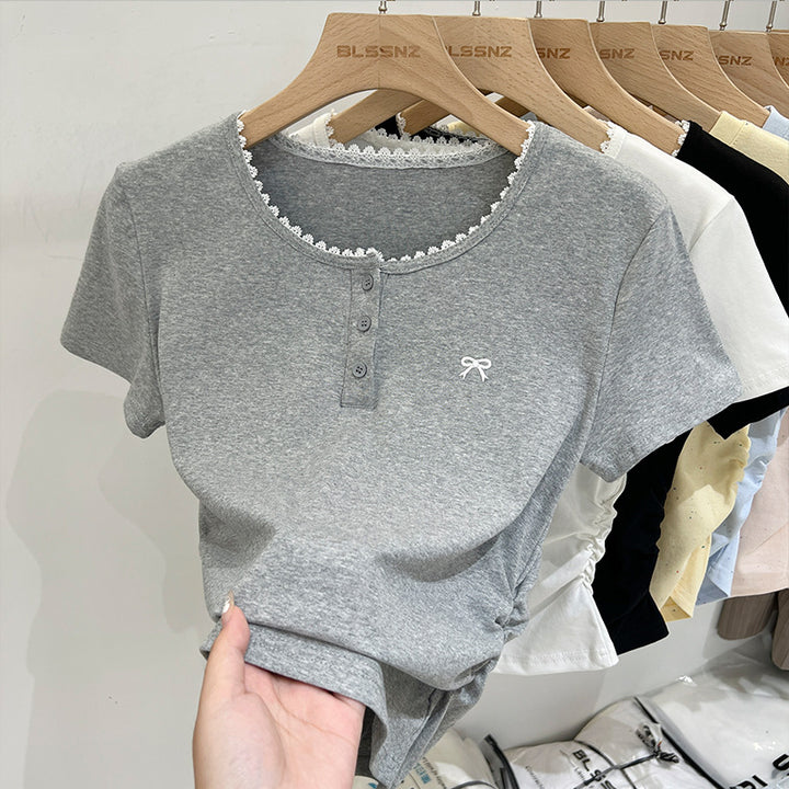 Dame Casual Kortærmet Henley Top med dekorativt Spidsbesætning Stilla