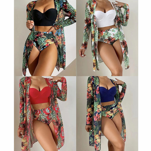 Dame bikini-sæt med floral kimono og polstret top Stilla