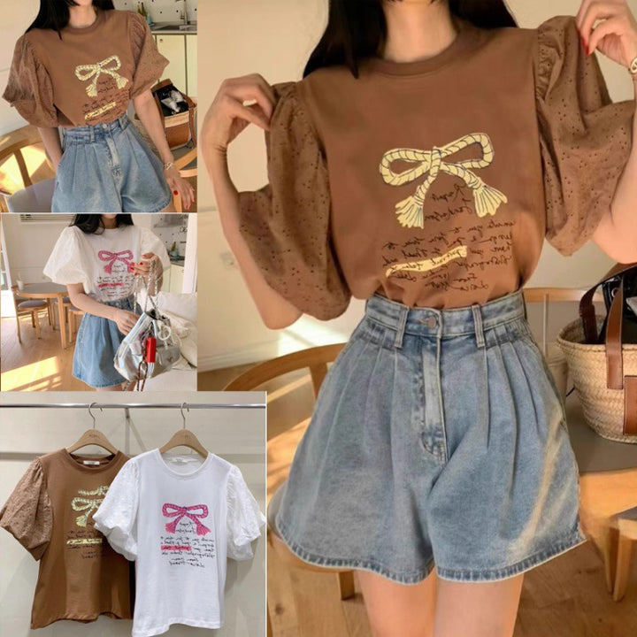 Dame Puffærmet Grafik T-shirt og høj talje Denim Shorts Sæt Stilla