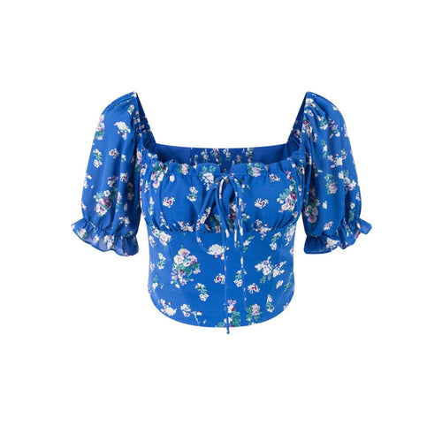 Damebluse med elastiske pufærmer og floralt design Stilla