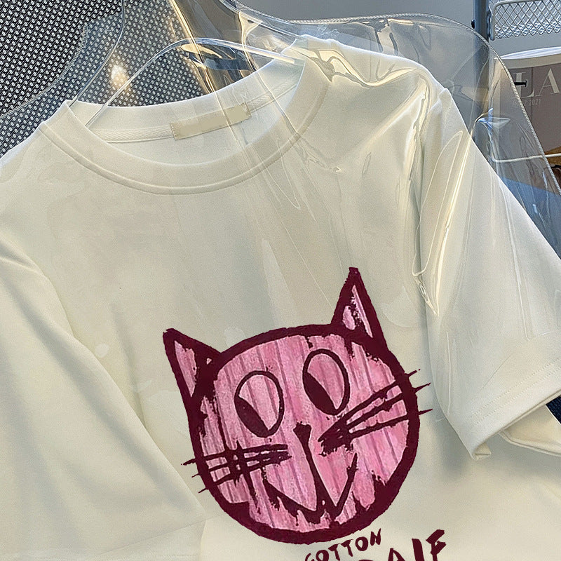 Dame T-shirt med kreativt kattemotiv og afslappet pasform Stilla