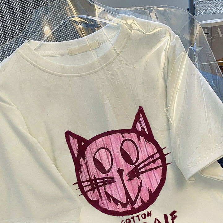 Dame T-shirt med kreativt kattemotiv og afslappet pasform Stilla